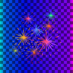 New Year Holiday Fireworks. Festive firework bursting in various shapes sparkling pictograms set on a bright colorful background.  for your ,  , 4th July or Birthday design.
