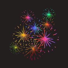 New Year Holiday Fireworks. Festive firework bursting in various shapes sparkling pictograms set on a bright colorful background.  for your ,  , 4th July or Birthday design.