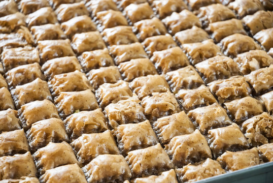 middle eastern sweet made from semolina and sugar syrup. View from above.(selective focus)