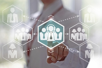 Businesswoman presses a group of businessman in headphones. Communication, connection, collaboration, call center, service.