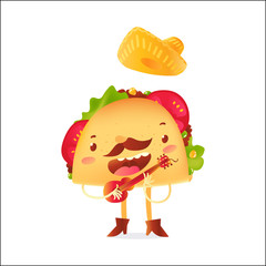 Happy taco character in sombrero singing and playing Mexican guitar, cartoon vector illustration isolated on white background. Mexican taco character in cowboy boots singing and playing guitar