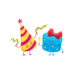 Cute and funny gift box and birthday hat characters, cartoon vector illustration isolated on white background. Smiling present, gift and paper core hat characters, birthday celebration party elements
