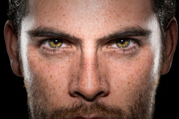 Conviction focused determined passionate confident powerful eyes stare intense athlete exercise trainer male
 - obrazy, fototapety, plakaty