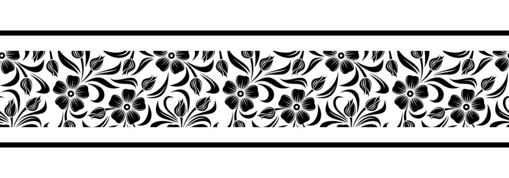 Vector horizontal black and white seamless border with flowers.
