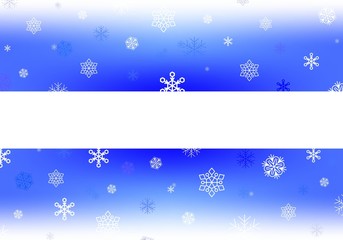 Fototapeta na wymiar Blue Christmas background with white falling snowflakes and luminous wheels white stripe with shadow in the middle. Winter backdrop with snowfall. Blue backdrop with white area