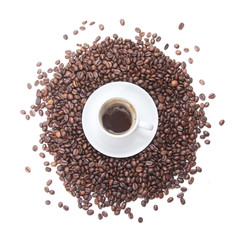 White cup with coffee and coffee beans on white background