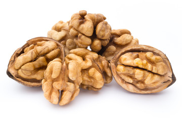 Walnut and walnut kernel isolated on the white background.