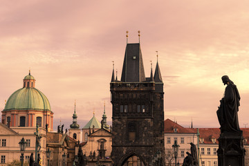 Naklejka premium Old Town Bridge Tower n sunrise , Charles Bridge in Prague