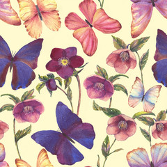 Hand-drawn watercolor floral seamless pattern with the tender hellebore flowers and butterflies. Natural tropical and vibrant repeated print for textile, wallpaper etc. Tropical pattern