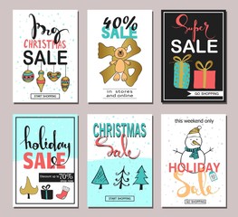 Set of creative sale holiday website banner templates. Christmas and New Year hand drawn illustrations for social media banners, posters, email and newsletter designs, ads, promotional material.