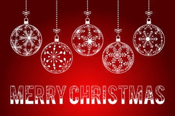 christmas background, holiday greeting card with snowy outlined text Merry Christmas on dark red background, christmas balls created with snowflakes pattern