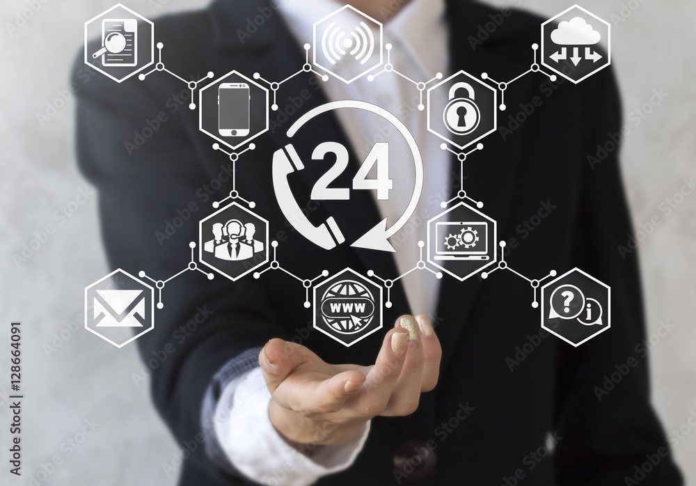 Aufkleber offer 24 hours call circle arrow icon in hand. support sign networking hexagon. business guarantee c