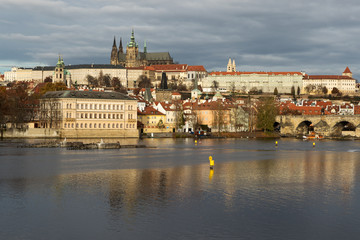 Prague Castle  and St.Vitus Cathedral , reflections on the Vitava river in Prague