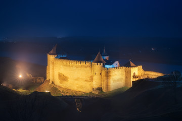 Ukraine. Chernivtsi region. Khotyn fortress night view lighting
