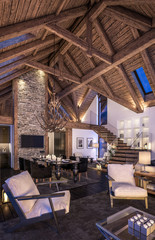 3D rendering of evening living room of chalet
