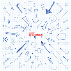 Set of Blue Hand Drawn Pencil Arrows on Squared Paper Background. Vector illustration.