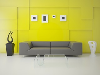 Hi-tech living room on a yellow background with a modern sofa.