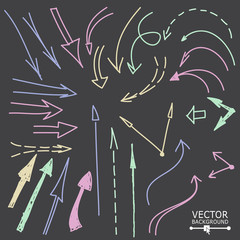 Chalk Hand drawn Arrows icons set on blackboard. Vector Illustration