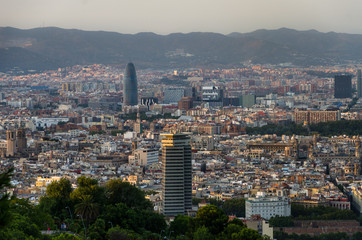 Panoramic view on Barcelona places of interest from Montjuic mountain, Spain
