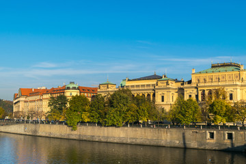 Autumn panorama with Vltava River and Prague Castle, Central Europe, Czech Republic