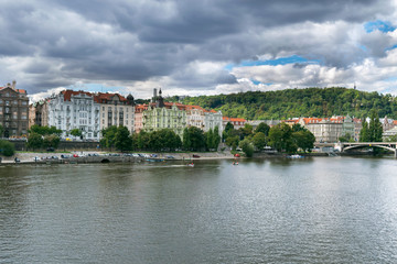 Fototapeta na wymiar Autumn landscape, overview Charles Bridge and Vltava River, Prague, Czech Republic, Europe