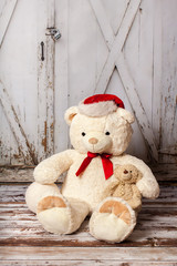 Zwei Teddy Bären sitzen vor dem holzernen Hintergrund