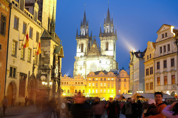 Fototapeta na wymiar Prague, Czechia - November, 21, 2016: Gothic Church of Our Lady before Týn on Old Town Square in a center of Prague, Czechia, in a night