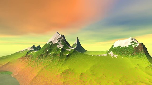 Island, landscape animation, snowy mountains, grass and a wonderful sky.