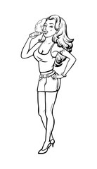 Vaping girl line poster. Beautiful girl with electronic cigarette. Vape shop banner, concept. Vector illustration