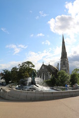 Fototapeta na wymiar Gefion fountain and church Sankt Alban in Copenhagen, Denmark Scandinavia