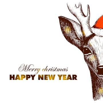 hand drawn vector illustration with a two deer in red santa hat whith text merry christmas, happy new year black contour on a white background
