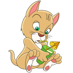 Cute and happy cartoon kitty cat drinking juice or cocktail, isolated on white background. Childish vector illustration and colorful book page for kids.