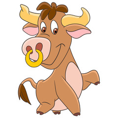 Cute and happy cartoon american bull (buffalo, ox, bison), isolated on white background. Childish vector illustration and colorful book page for kids.