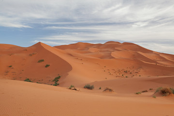 Moroccan desert landscape with blue sky.