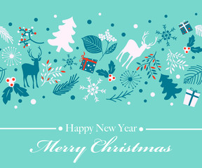 Vintage Christmas greeting card. Merry Christmas and happy new year lettering