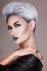 creative and futuristic look of fashion woman with white hair
