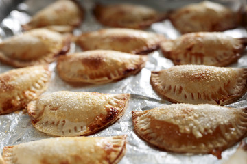 Pumpkin pies made by hand.