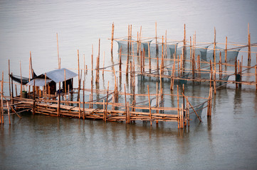Fototapeta premium Fishing traps in Net Fishing Thailand, Thailand Shrimp Fishing.