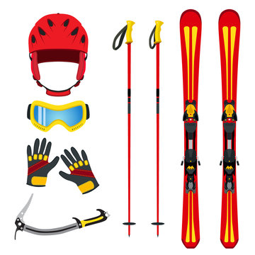 Equipment for skiing, snowboarding, mountain hiking in flat vect