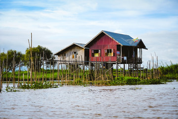 Landscape view of traditional wooden houses on Inle lake, Myanmar