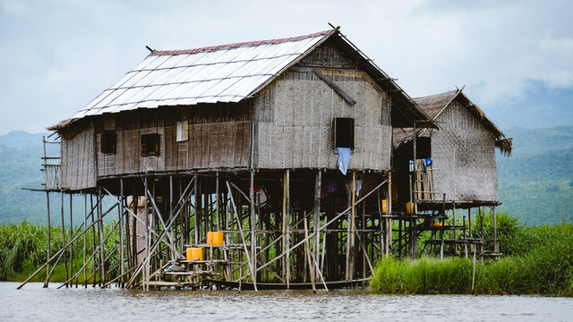 Landscape view of traditional wooden houses on Inle lake, Myanmar