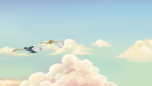 Cigue&ntilde;a con un bebe volando entre las nubes que lleva un bebe