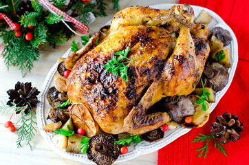 Christmas chicken (turkey) baked with mushrooms and potatoes