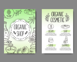 Brochure with cosmetic bottles. Organic cosmetics illustration.