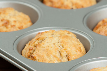 Homebaked Upside Down Maple And Apple Muffins In Baking Tray.