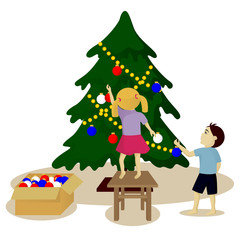 Obraz na płótnie Canvas Children decorate Christmas tree