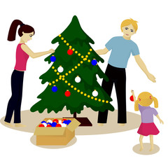 Family decorate Christmas tree