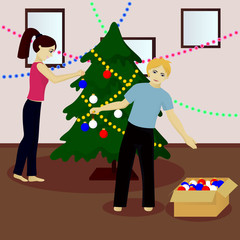 Young family decorate Christmas tree