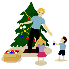 Obraz na płótnie Canvas Father with children decorate Christmas tree