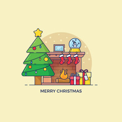 Christmas Greeting Card Illustration With Fireplace and Christmas Tree